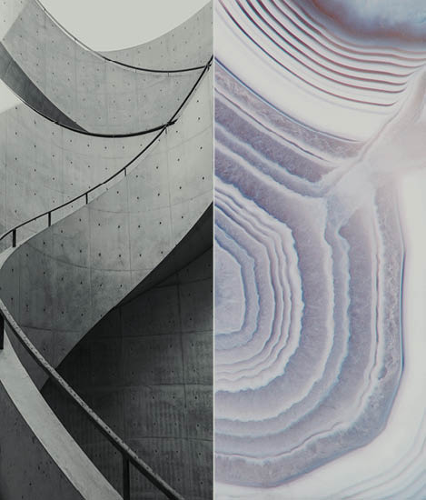 half an image of a grey swirl stairway and half an image of top down view of a purple abstract canyon